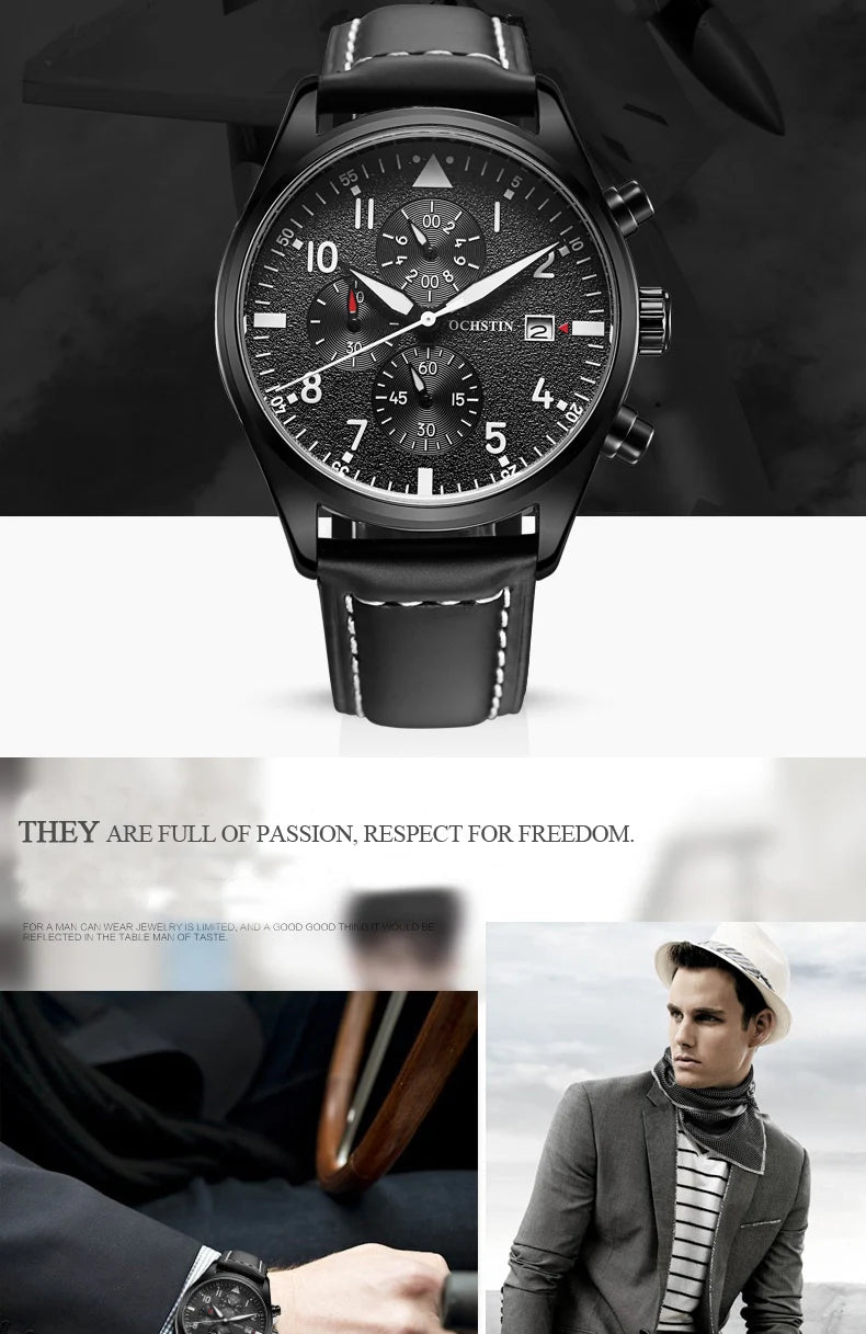 OCHSTIN Authentic Waterproof Sports Men's Watch Three-eye Calendar Quartz Watch Fashion Leather Belt Male Casual Wirstwatch