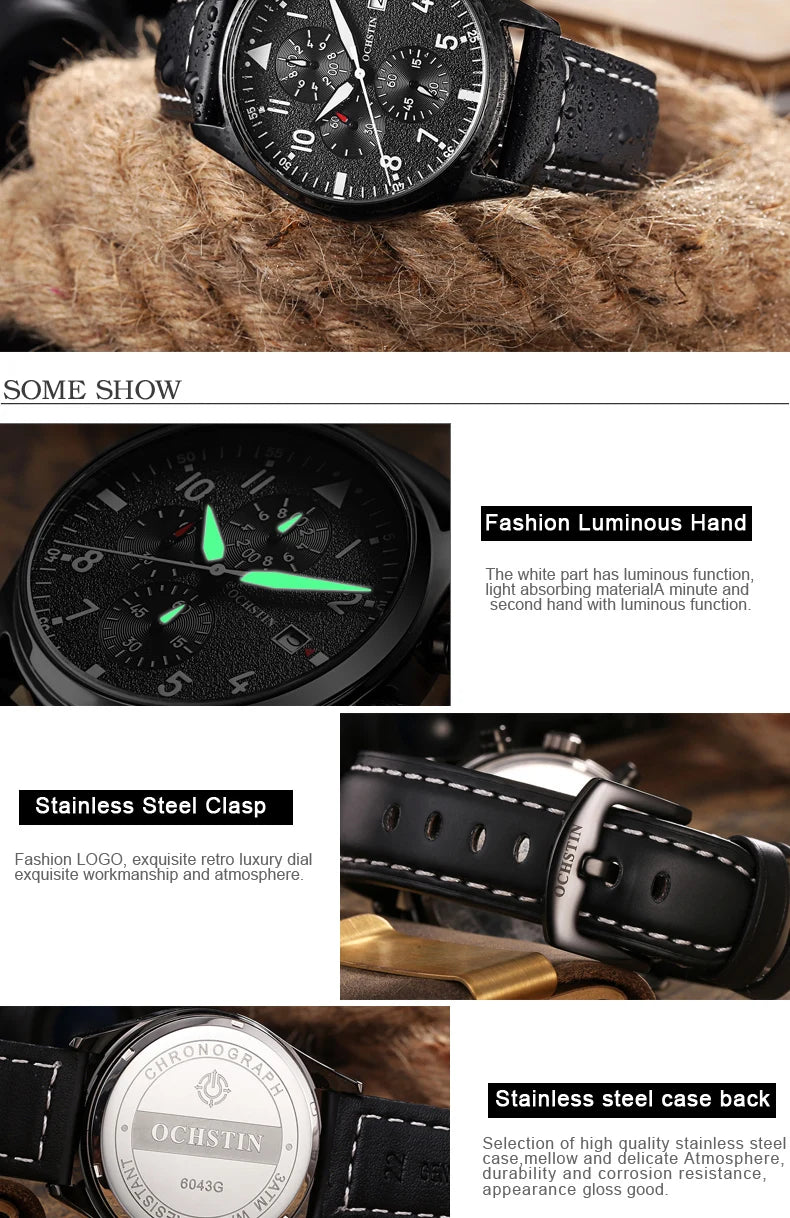 OCHSTIN Authentic Waterproof Sports Men's Watch Three-eye Calendar Quartz Watch Fashion Leather Belt Male Casual Wirstwatch