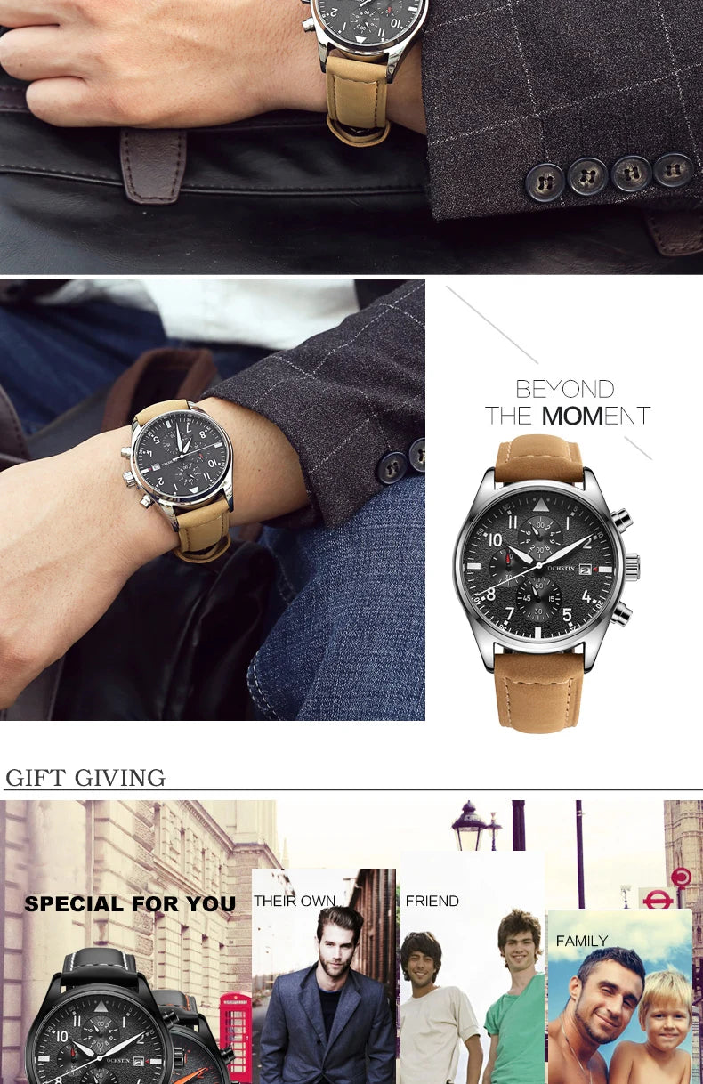 OCHSTIN Authentic Waterproof Sports Men's Watch Three-eye Calendar Quartz Watch Fashion Leather Belt Male Casual Wirstwatch