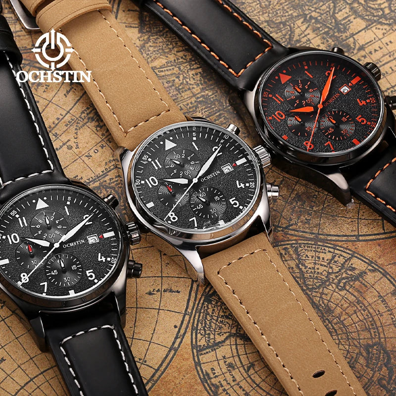 OCHSTIN Authentic Waterproof Sports Men's Watch Three-eye Calendar Quartz Watch Fashion Leather Belt Male Casual Wirstwatch