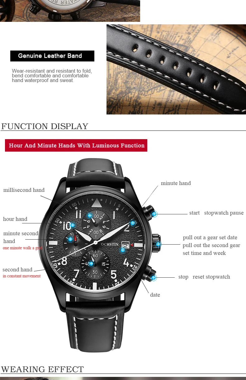 OCHSTIN Authentic Waterproof Sports Men's Watch Three-eye Calendar Quartz Watch Fashion Leather Belt Male Casual Wirstwatch