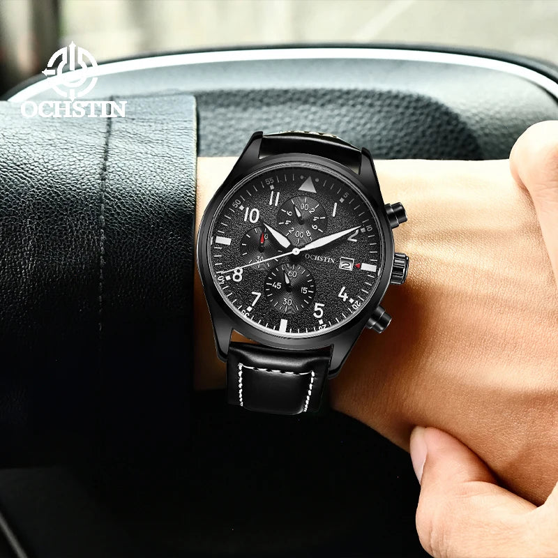 OCHSTIN Authentic Waterproof Sports Men's Watch Three-eye Calendar Quartz Watch Fashion Leather Belt Male Casual Wirstwatch