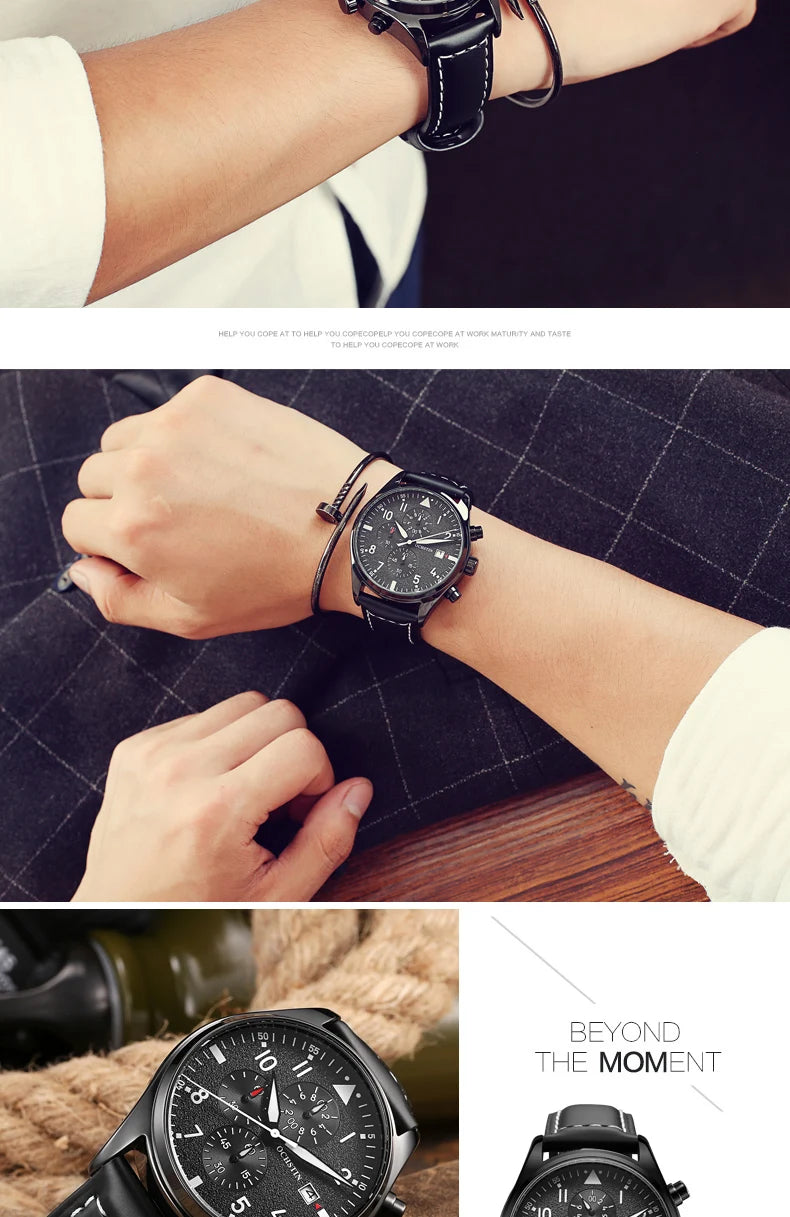 OCHSTIN Authentic Waterproof Sports Men's Watch Three-eye Calendar Quartz Watch Fashion Leather Belt Male Casual Wirstwatch
