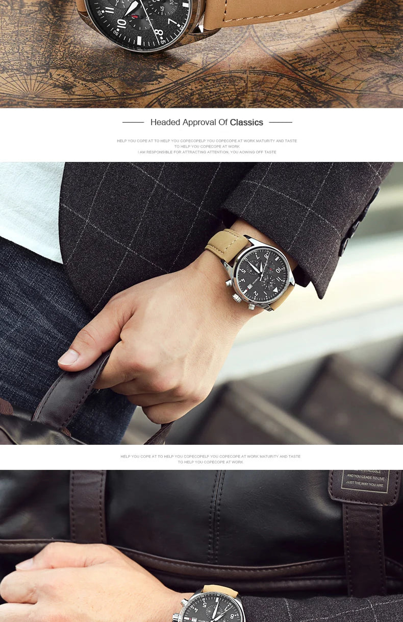 OCHSTIN Authentic Waterproof Sports Men's Watch Three-eye Calendar Quartz Watch Fashion Leather Belt Male Casual Wirstwatch