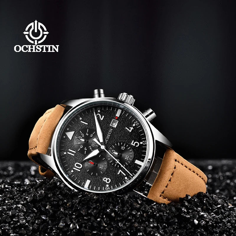 OCHSTIN Authentic Waterproof Sports Men's Watch Three-eye Calendar Quartz Watch Fashion Leather Belt Male Casual Wirstwatch