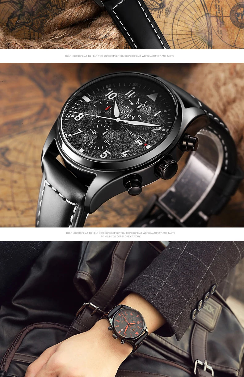 OCHSTIN Authentic Waterproof Sports Men's Watch Three-eye Calendar Quartz Watch Fashion Leather Belt Male Casual Wirstwatch
