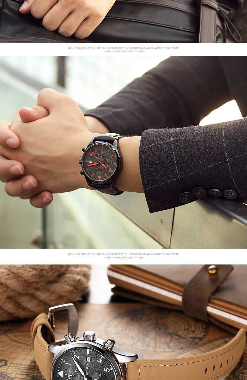 OCHSTIN Authentic Waterproof Sports Men's Watch Three-eye Calendar Quartz Watch Fashion Leather Belt Male Casual Wirstwatch