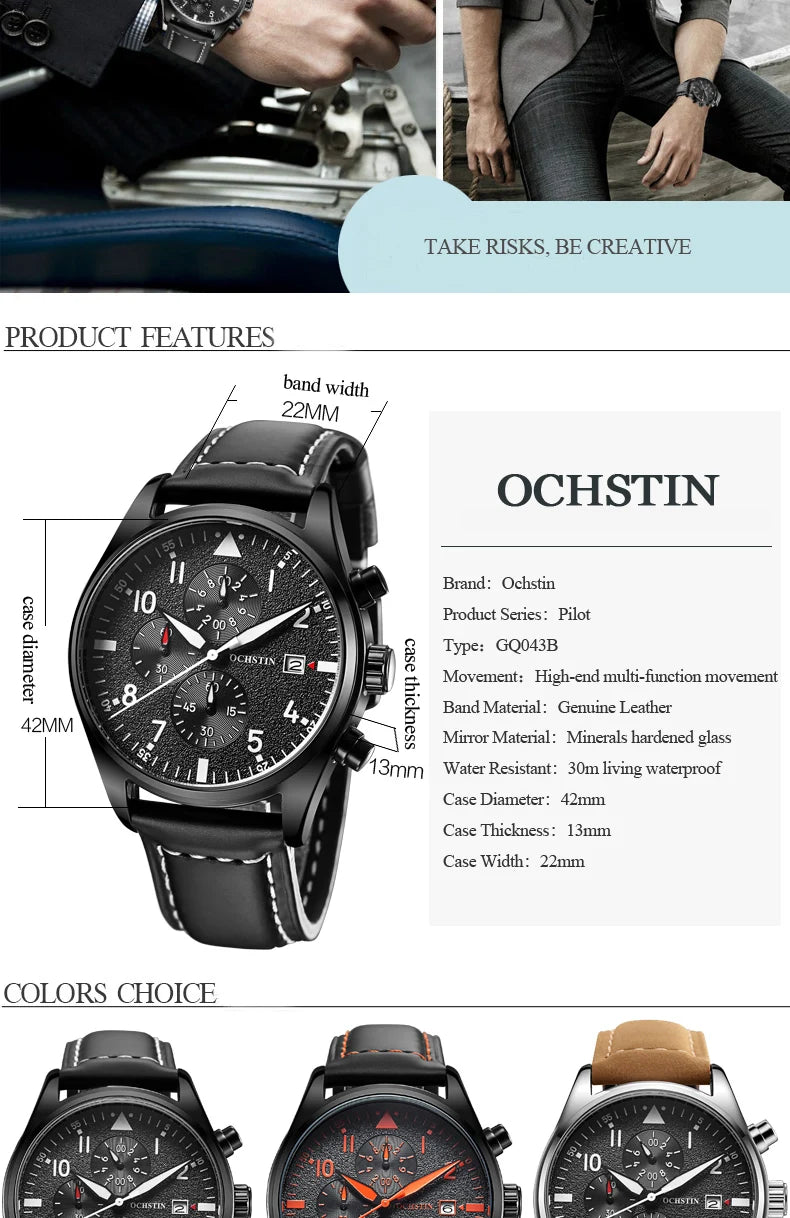 OCHSTIN Authentic Waterproof Sports Men's Watch Three-eye Calendar Quartz Watch Fashion Leather Belt Male Casual Wirstwatch