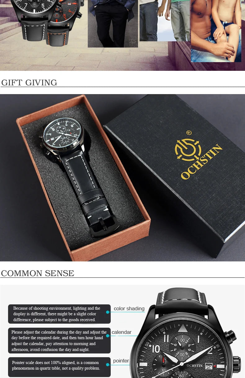 OCHSTIN Authentic Waterproof Sports Men's Watch Three-eye Calendar Quartz Watch Fashion Leather Belt Male Casual Wirstwatch