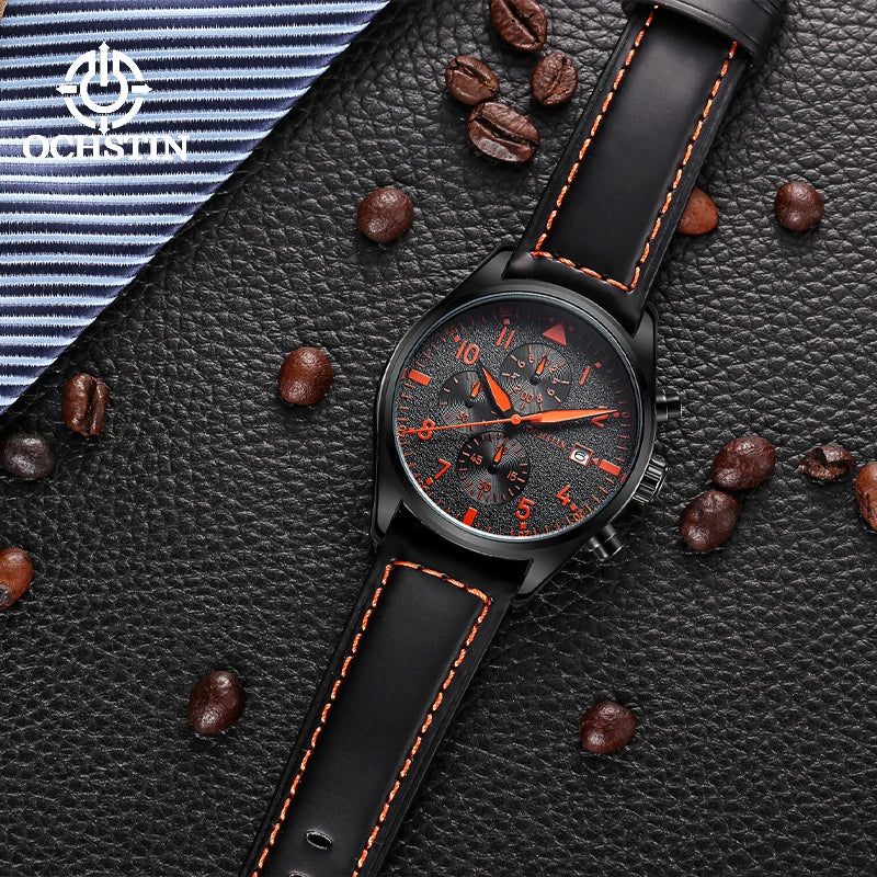 OCHSTIN Authentic Waterproof Sports Men's Watch Three-eye Calendar Quartz Watch Fashion Leather Belt Male Casual Wirstwatch