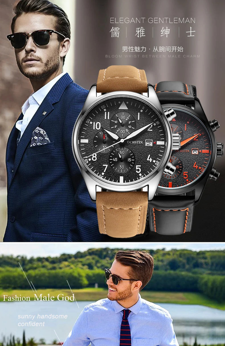 OCHSTIN Authentic Waterproof Sports Men's Watch Three-eye Calendar Quartz Watch Fashion Leather Belt Male Casual Wirstwatch